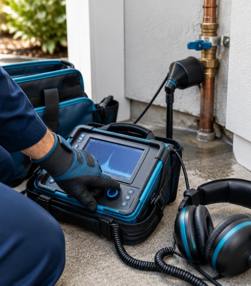 Professional acoustic leak detection equipment checking a water line