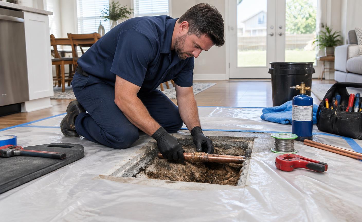 Repaired water pipe in an opened concrete slab