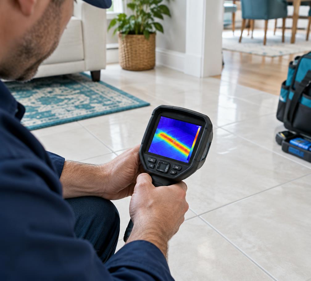 Technician checking a tile floor with leak detection equipment